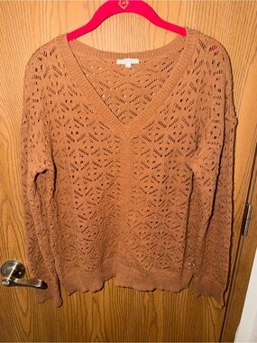 Maurice’s Women's V-Neck Open Knit Sweater - Camel Size Large